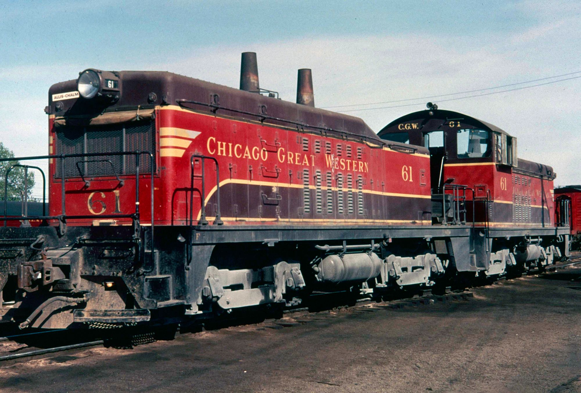Chicago Great Western cow-calf switcher set TR2, #61-61A, is seen here between assignments at St. Paul, Minnesota, circa 1964.  American-Rails.com collection.