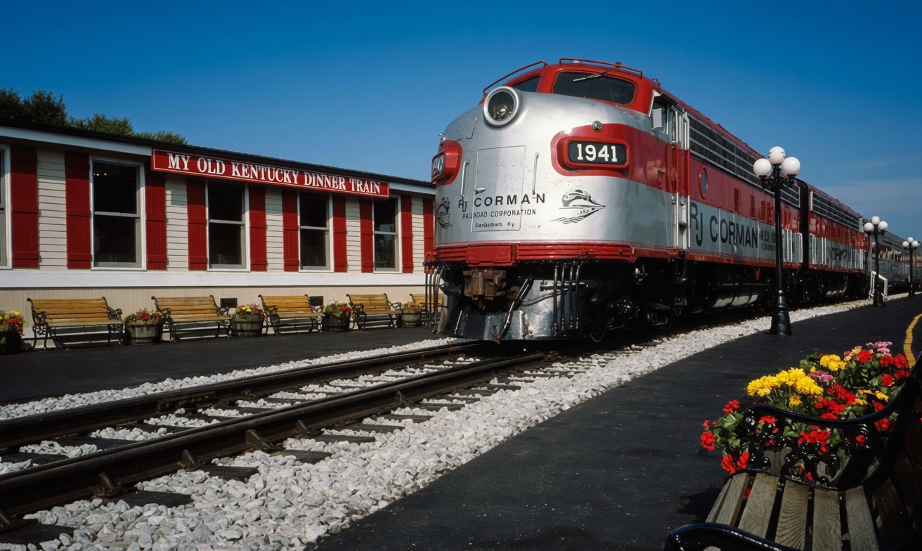 The My Old Kentucky Dinner Train led by a streamlined diesel locomotive at the Bardstown, KY depot.