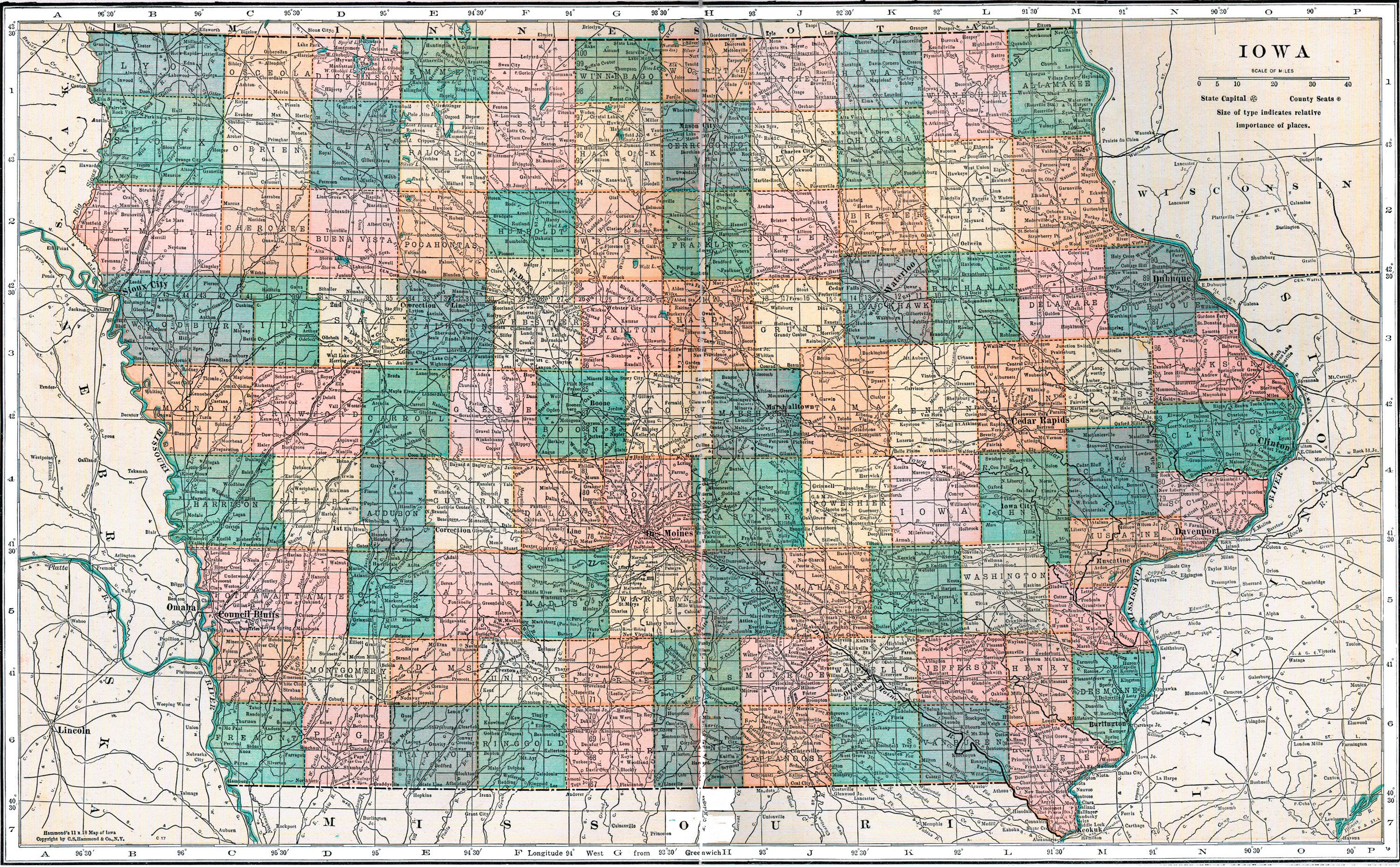 Railroad map of Iowa c1881 36x24 