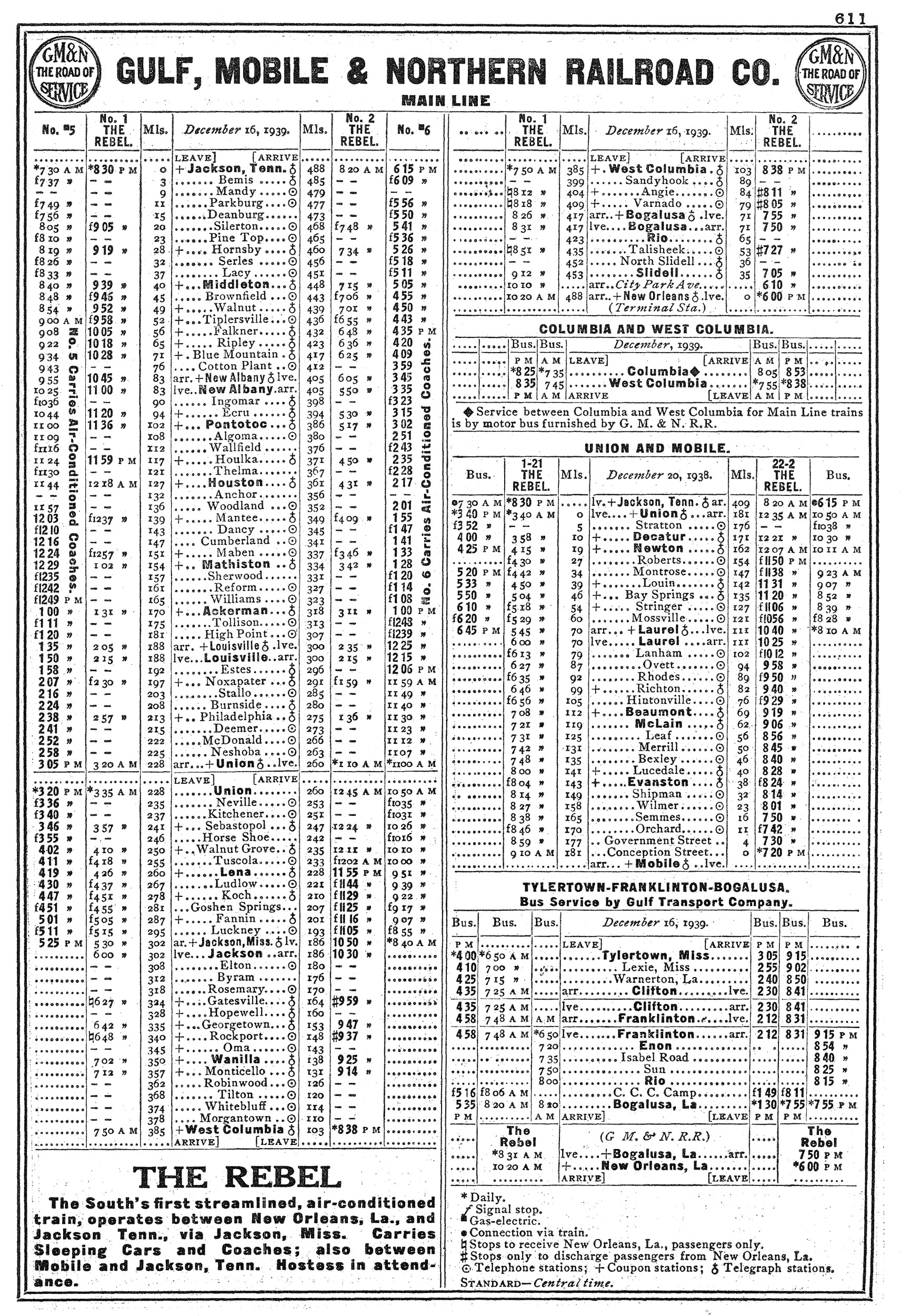 Gulf Time Table 1970 Mobile & Ohio Railroad