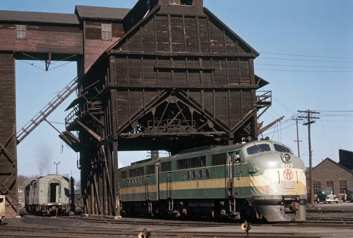 New York Ontario and Western FTs led by 807 under the coaling tower at Middletown New York in the late fall of 1947