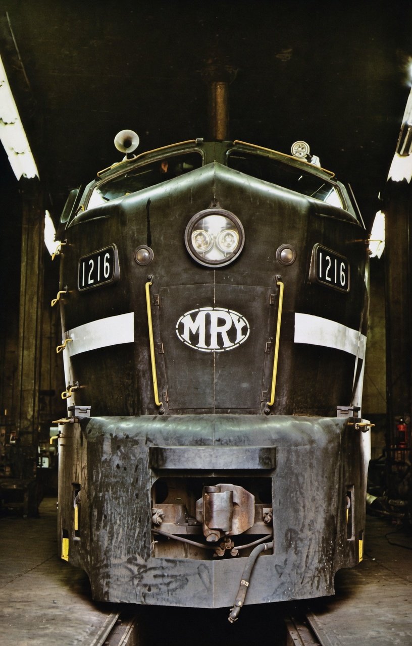 Monongahela Railway RF-16 1216 inside the Brownsville Pennsylvania shops on September 21 1971