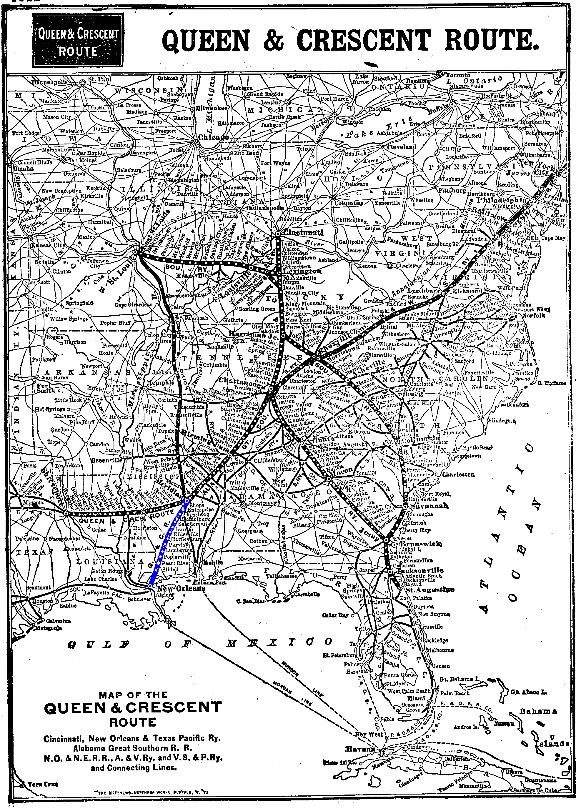 New Orleans and Northeastern Railroad system map 1910 Meridian to New Orleans
