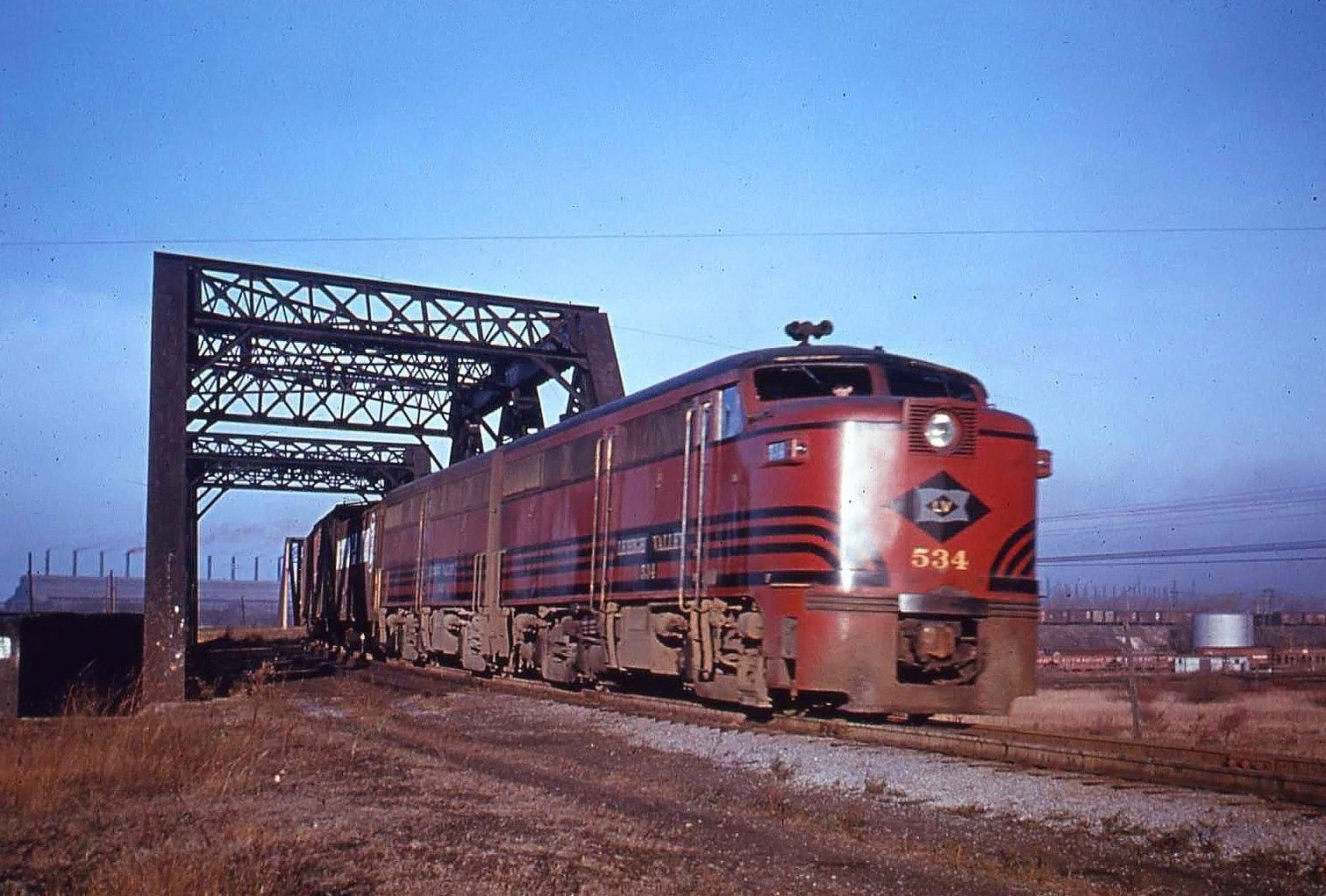 Lehigh Valley FA-1 and FB-1 set led by 534 in Cornell Red with a manifest at Lackawanna New York in the 1950s
