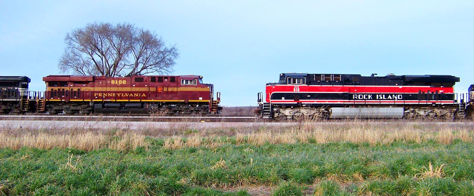 Iowa Interstate Rock Island heritage unit and Norfolk Southern Pennsylvania heritage unit South Amana Iowa December 2015