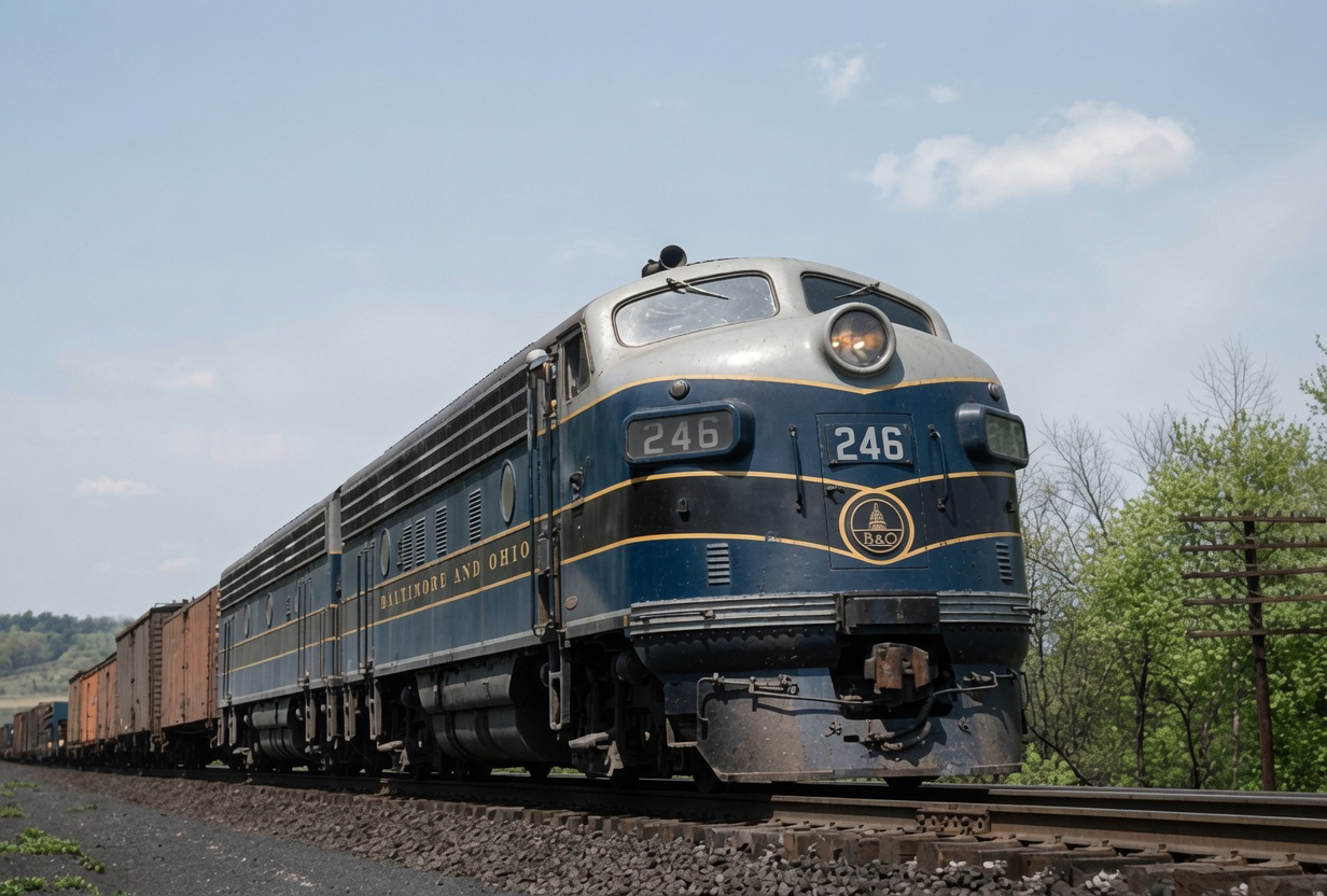 Baltimore and Ohio F7s with a general manifest just east of Cumberland Maryland 1950s