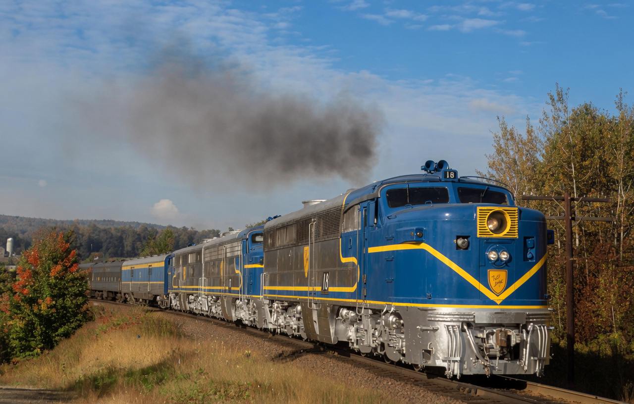 Delaware and Hudson PA-1s 18 17 and 19 leading the Susquehanna Valley Special near Afton New York September 29 1973