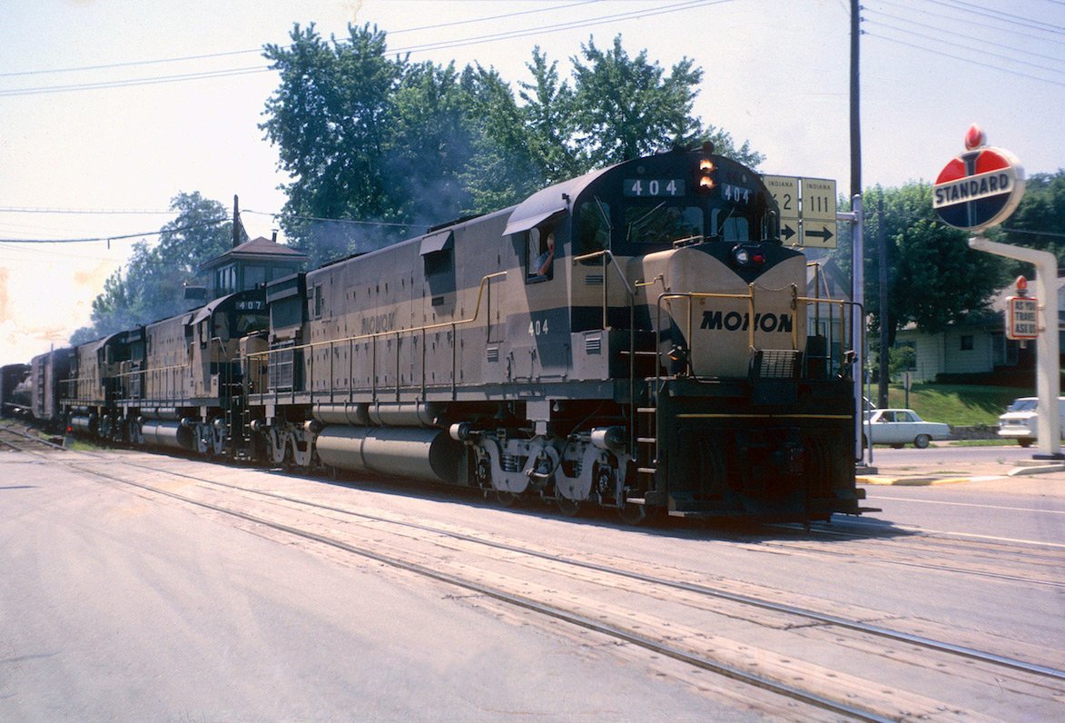 Monon C628s 404 and 407 at New Albany, Indiana, on June 26, 1964