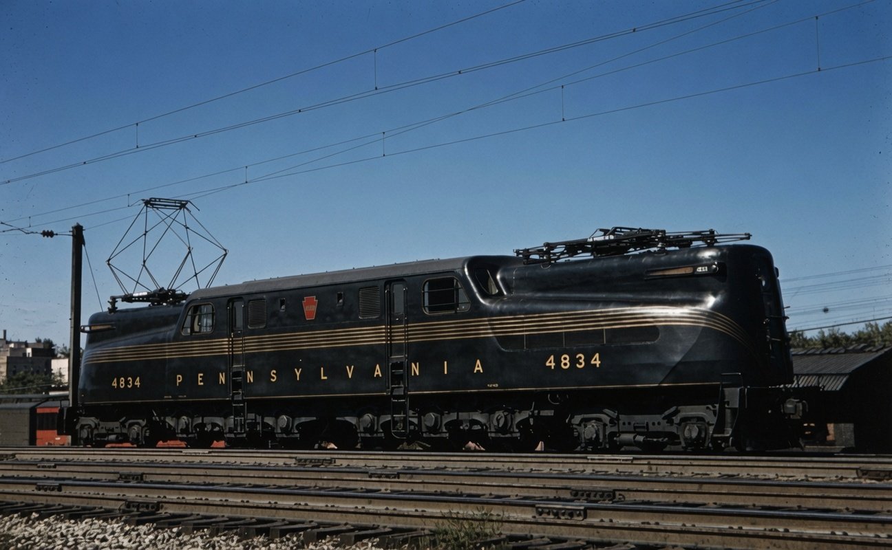 Pennsylvania Railroad GG1 4834 in early color at Hillside, New Jersey, September 21, 1941, waiting for a Lehigh Valley steam train