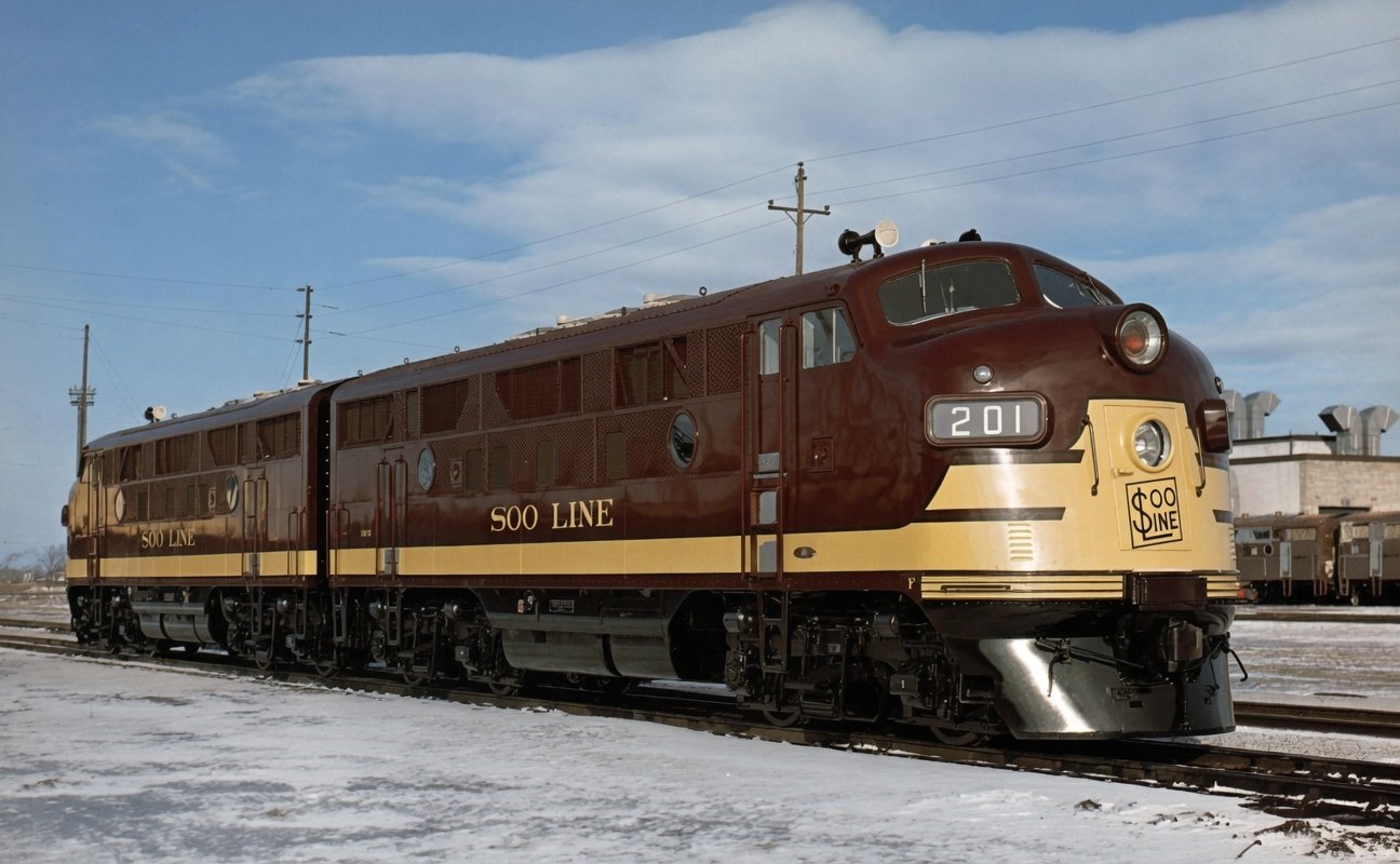 Electro-Motive builder photograph of new Soo Line F3s in January 1948