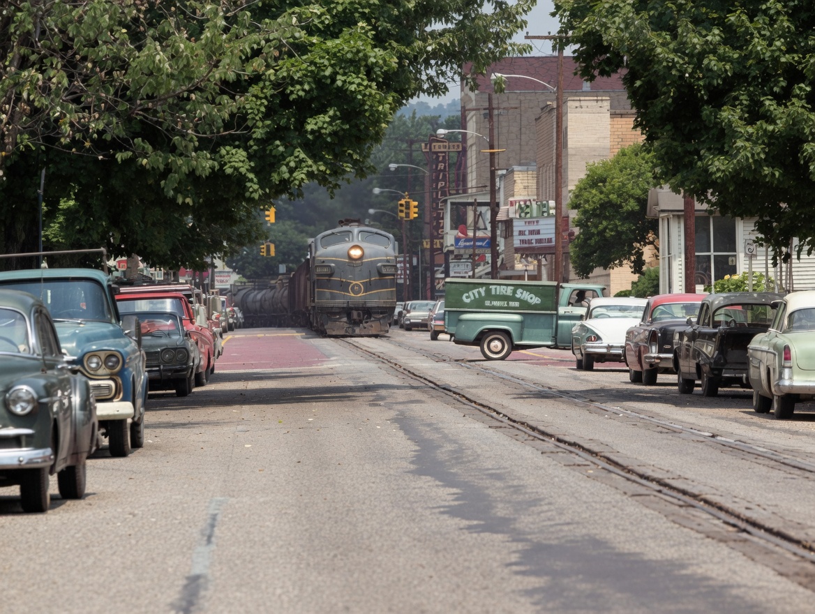 Baltimore and Ohio F7A rolling southbound along 2nd Street in St Marys West Virginia 1960s