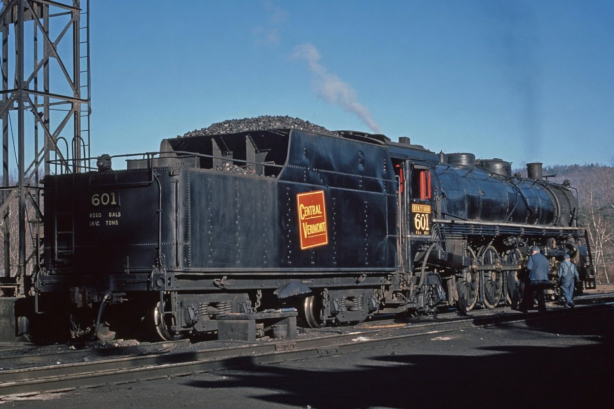 Central Vermont 4-8-2 601 class U-1-a being serviced at White River Junction Vermont on October 31 1953