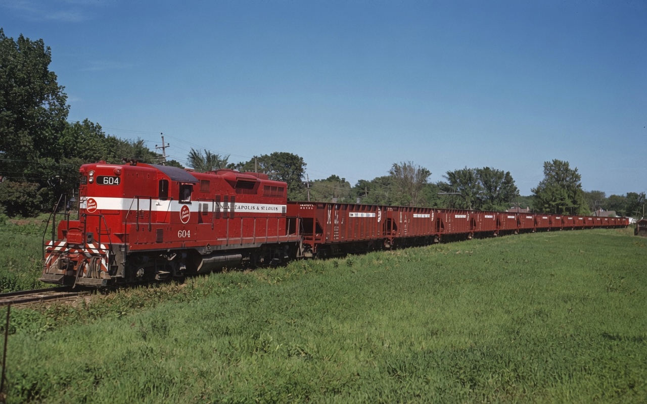 Minneapolis and St. Louis GP9 604 with matching hoppers at Marshalltown, Iowa, circa 1957
