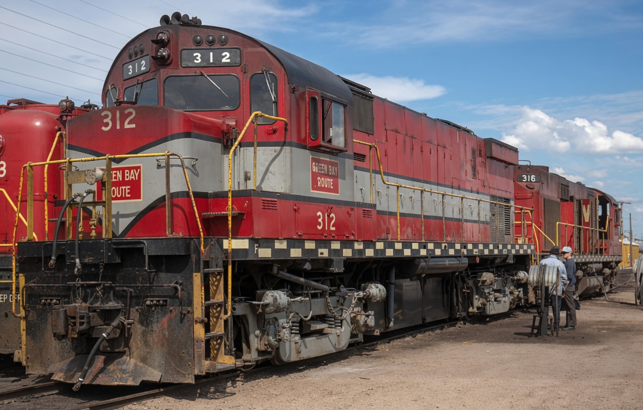 Green Bay and Western C424 312 and RS27 316 at Wisconsin Rapids about 1969
