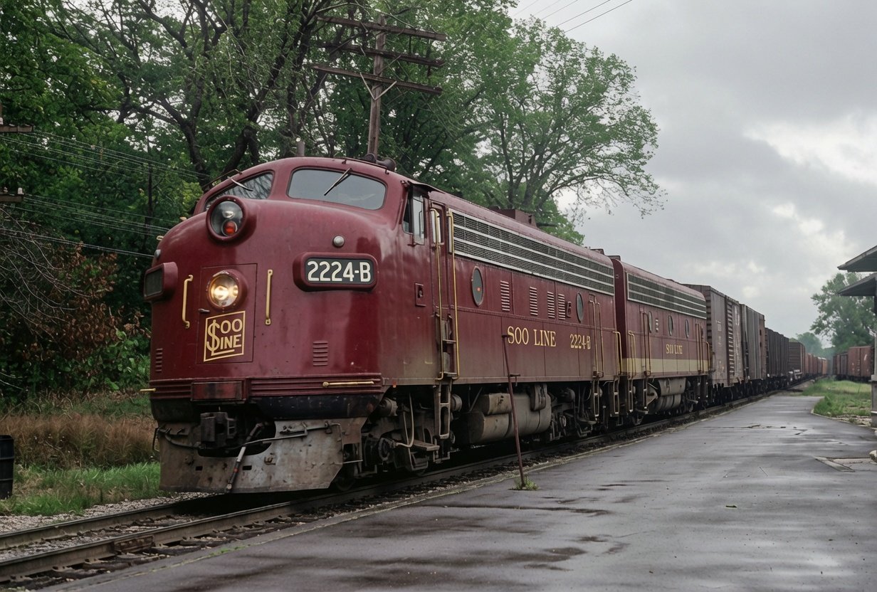 Soo Line F7A 2224B with a freight at Slinger, Wisconsin, in September 1964