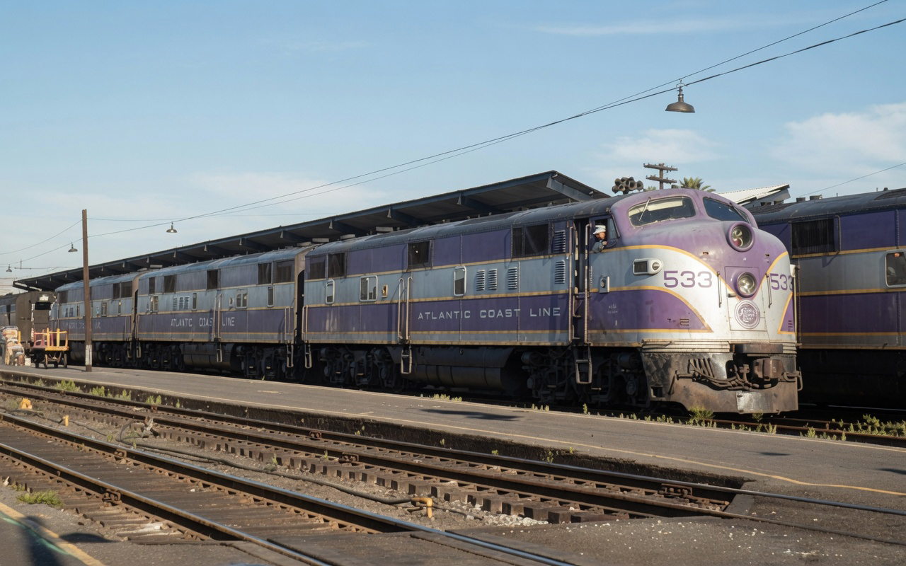 Atlantic Coast Line E7s led by 533 waiting at Jacksonville Florida in 1957