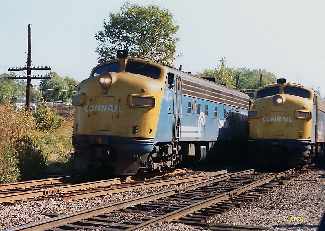 Conrail FL9s 5059 and 5022 in blue and yellow commuter livery at Brewster New York September 27 1980