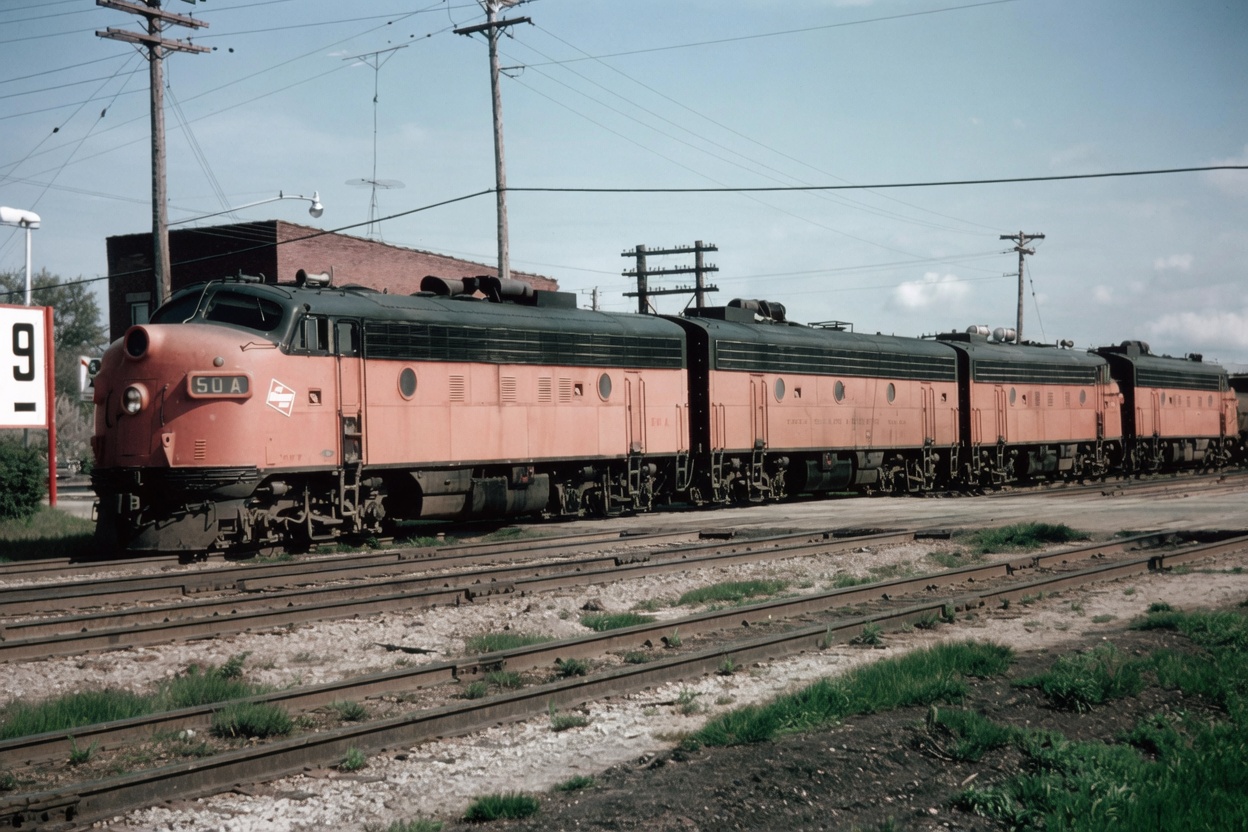 Milwaukee Road F7s led by 50-A at Sturtevant, Wisconsin, circa 1967