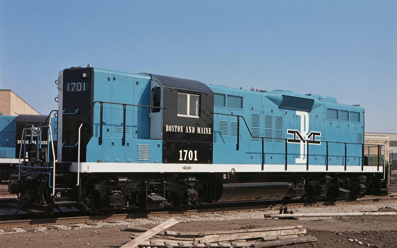Electro-Motive builder photograph of new Boston and Maine GP9 1701 in 1957
