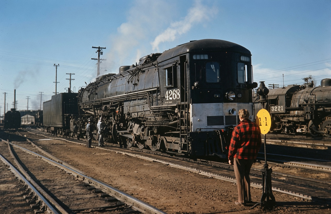 Southern Pacific 4-8-8-2 cab-forward 4268 AC-11 at Roseville California circa 1955 with 2-8-2 3221