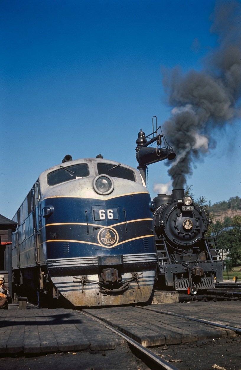 Baltimore and Ohio E7A 66 and 4-6-2 5086 at Cumberland Maryland October 1946