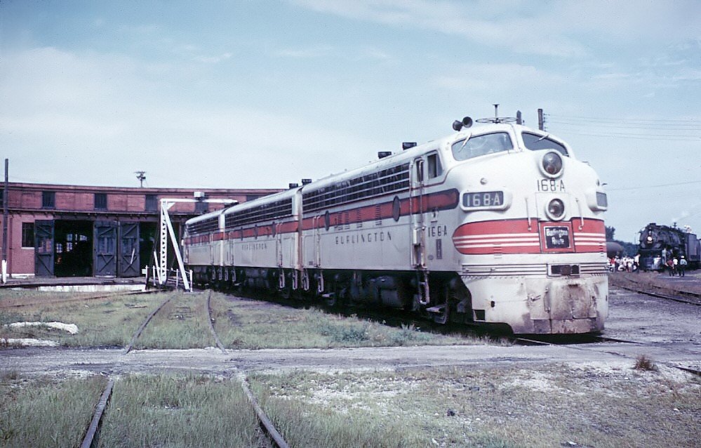 Burlington F7 168-A, 168-B, and 168-C at La Crosse, Wisconsin, with 5632 in the background, September 9, 1962