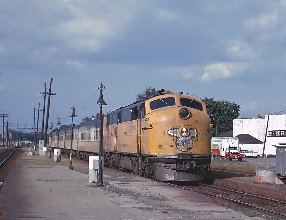 Chicago and North Western E7A 5018A with train 518 the Rochester 400 at Madison Wisconsin in July 1963