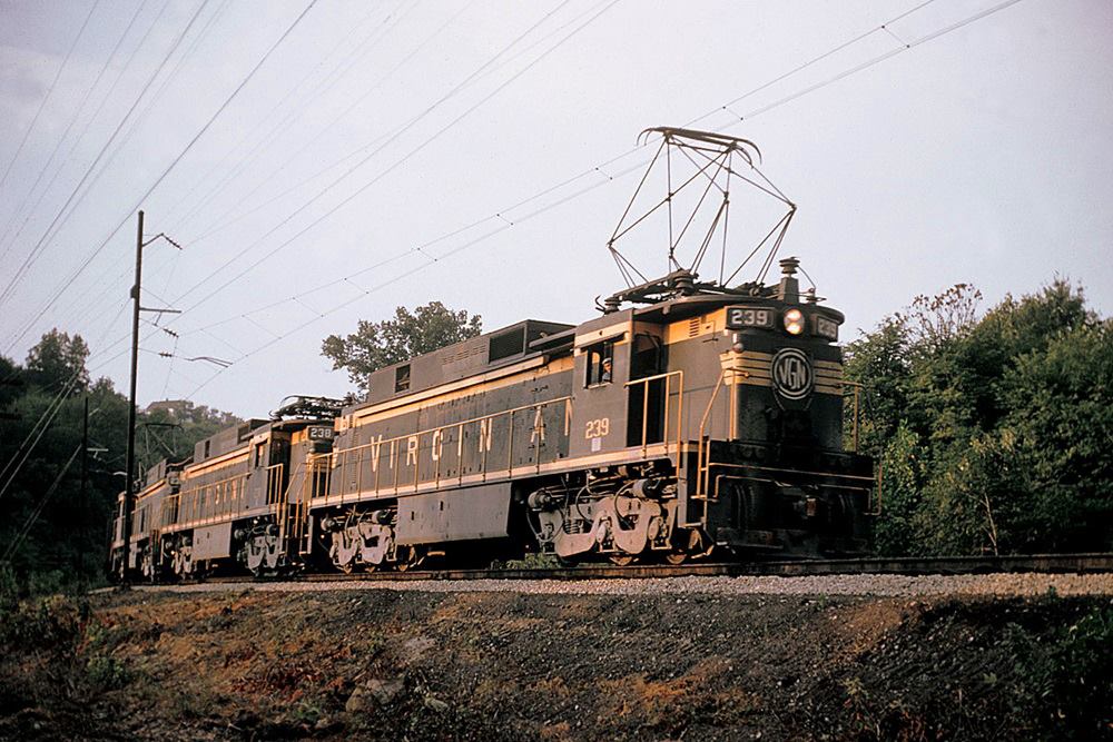 Ex-Virginian EL-C electrics led by Norfolk and Western 239 nearing Princeton, West Virginia, in September 1960