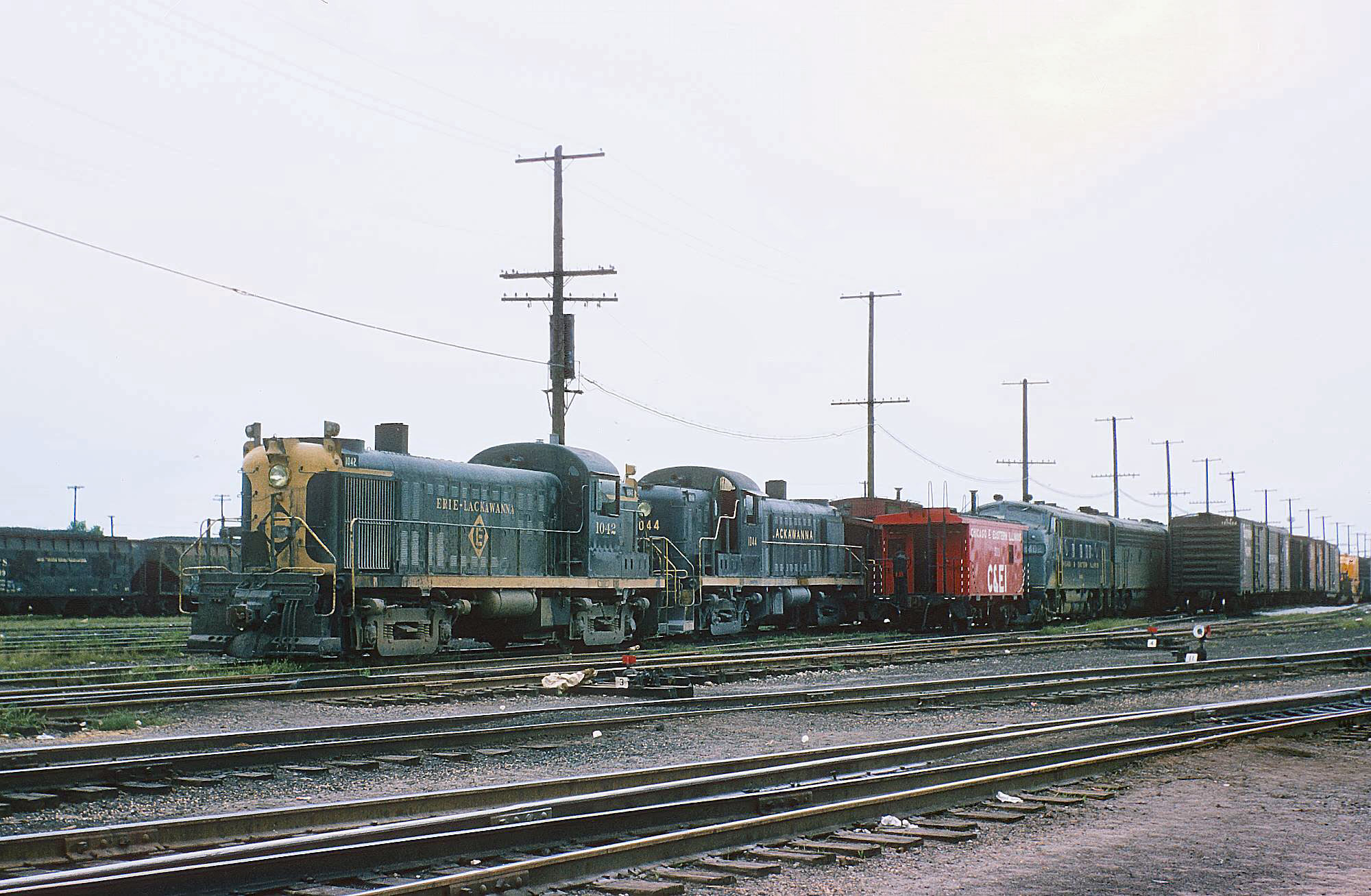 Erie Lackawanna RS3s 1042 and 1044 at Clearing Yard Chicago September 1963