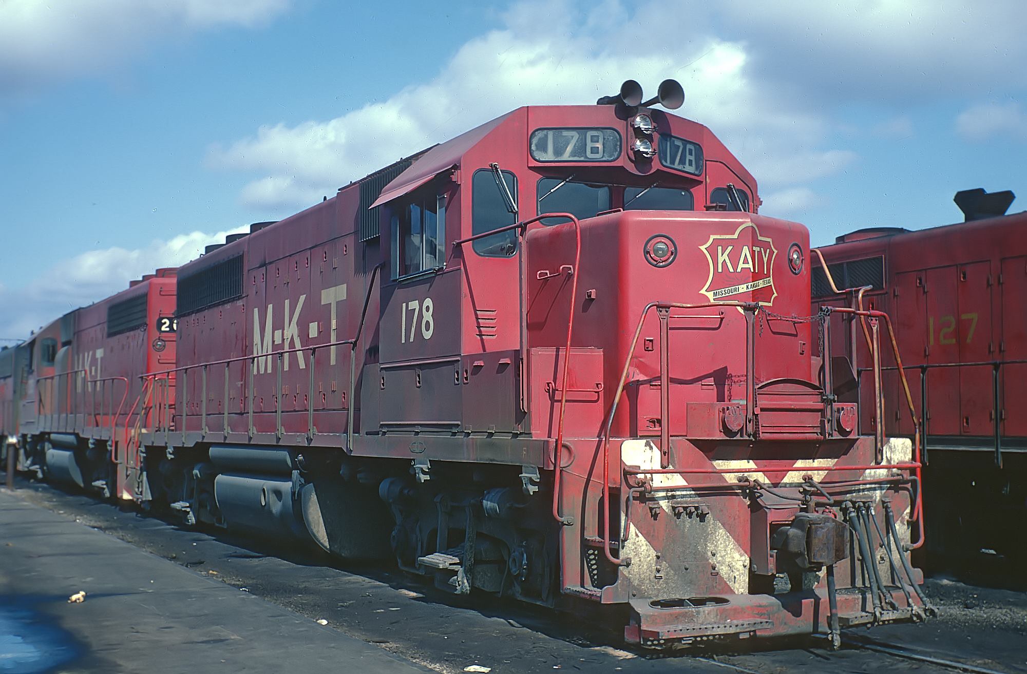 Missouri-Kansas-Texas GP40 178 and other power at Parsons, Kansas, in November 1969