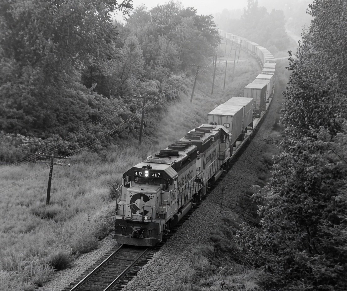 Chessie System B and O GP40-2s leading an eastbound Philadelphia Trailerjet near Porterfield Ohio June 1981