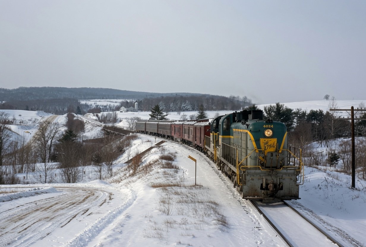 Delaware and Hudson RS2s with the last northbound train 205 at Harpursville New York January 24 1963
