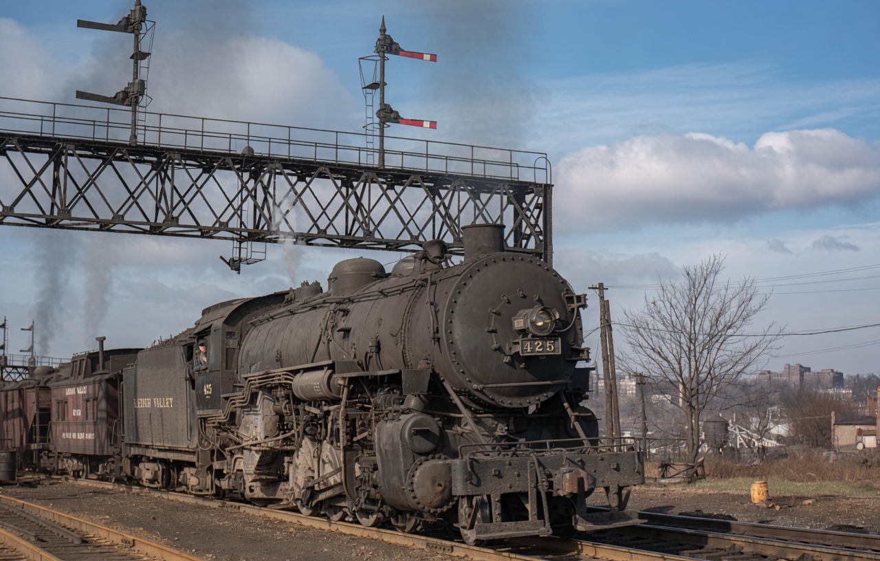 Lehigh Valley 2-8-2 425 class N-4 at work under the signal bridge in Easton Pennsylvania in the fall of 1948