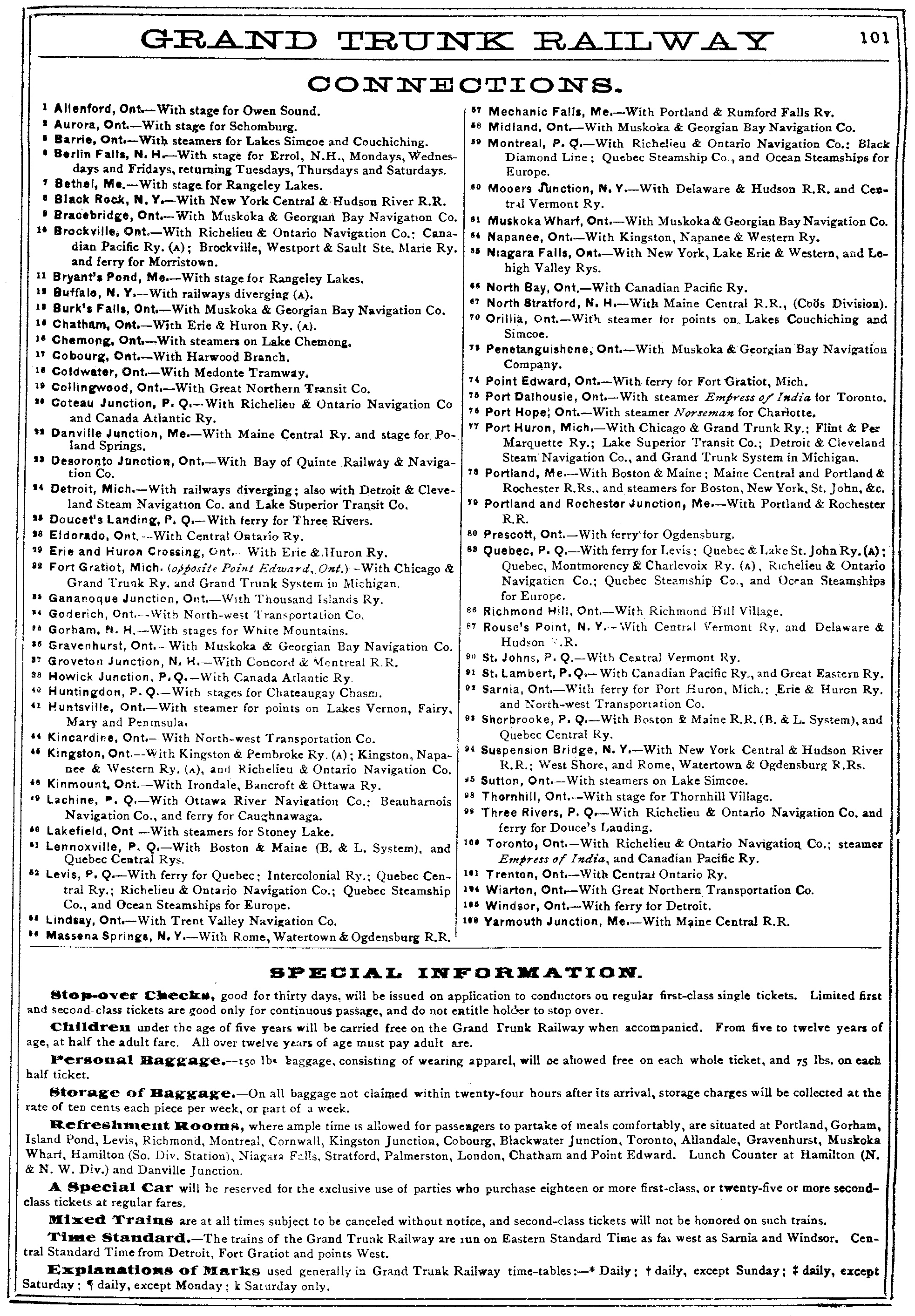 Grand Trunk Railway 1893 Official Guide timetable page