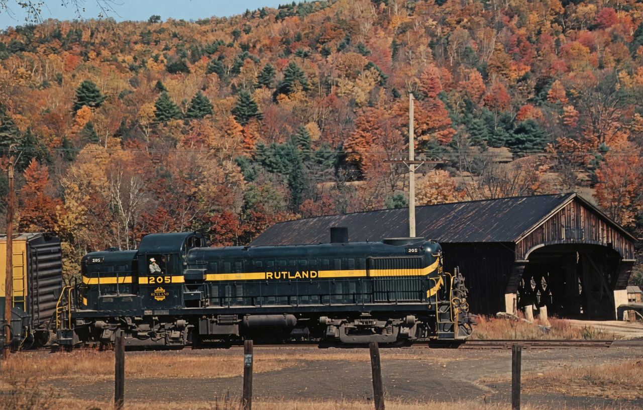 Rutland Alco RS3 205 passing the covered bridge at Bartonsville Vermont in the early 1950s