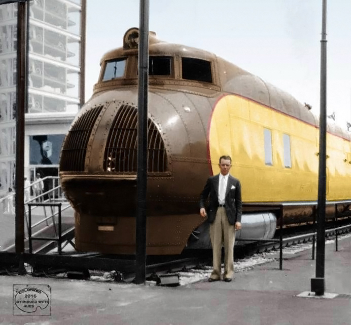 Union Pacific M-10000 The Streamliner on display at the 1934 Century of Progress International Exposition in Chicago Canary Yellow and Golden Brown livery