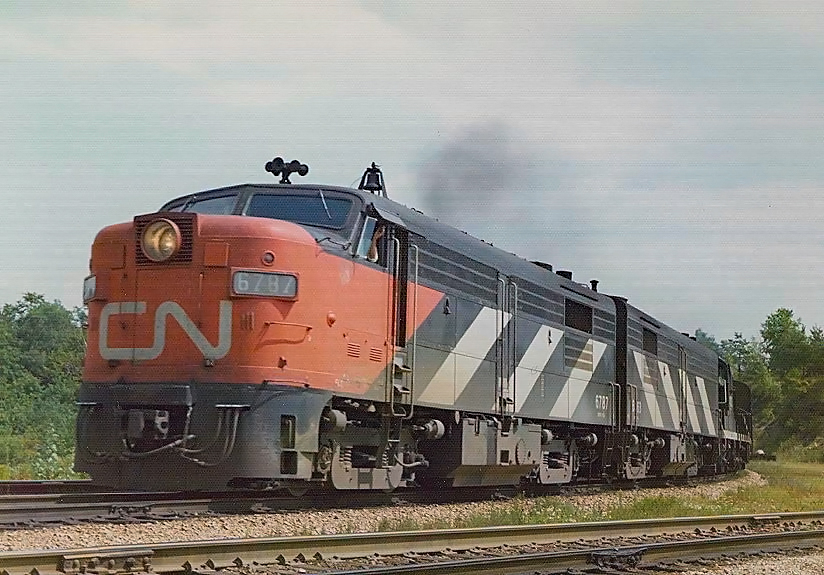 Canadian National FPA-4 6787 FPB-4 6863 and GP9 4103 westbound at Bayview Ontario August 25 1974