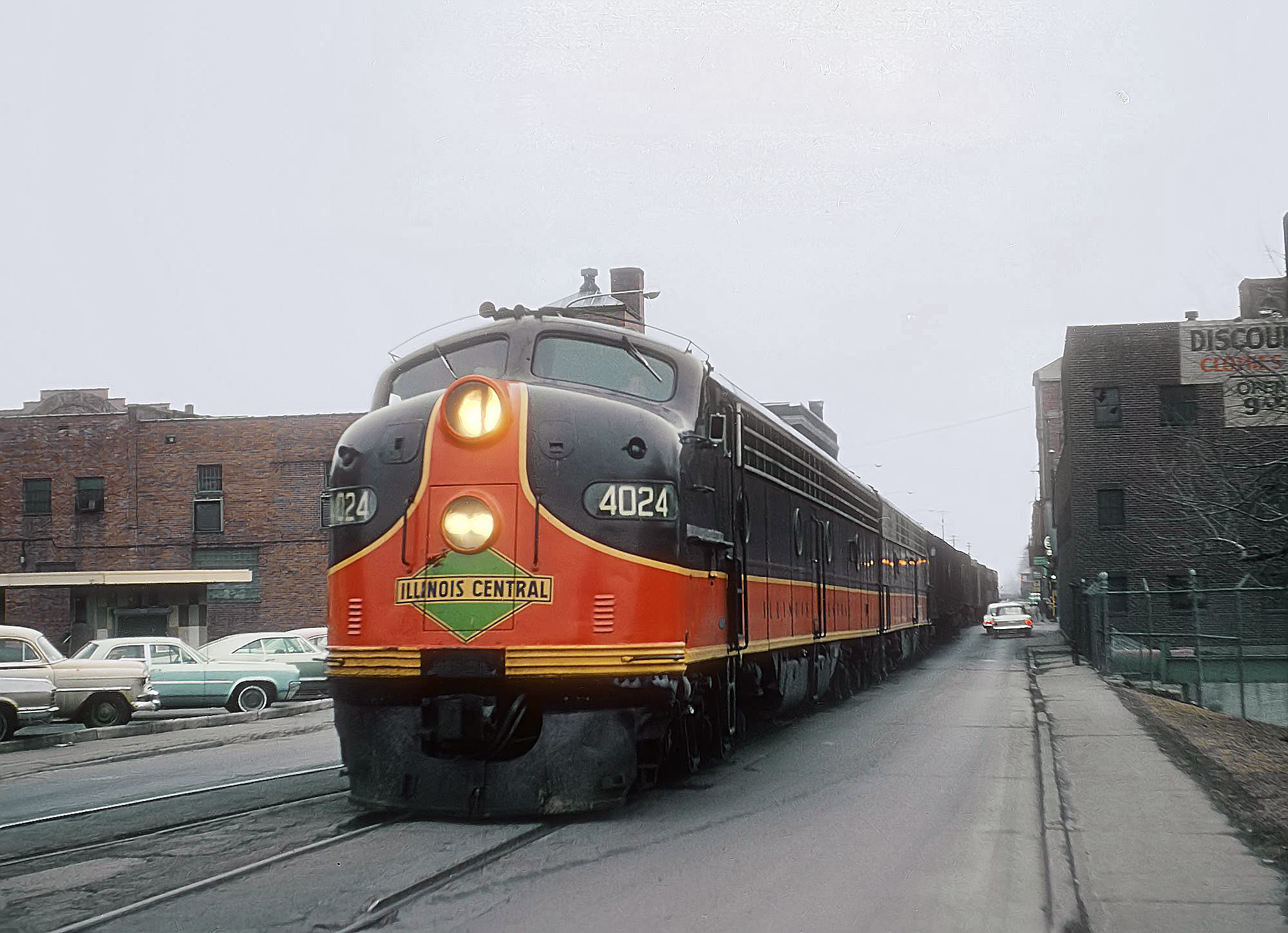 Illinois Central Land O Corn train 13 downtown Waterloo Iowa March 1967