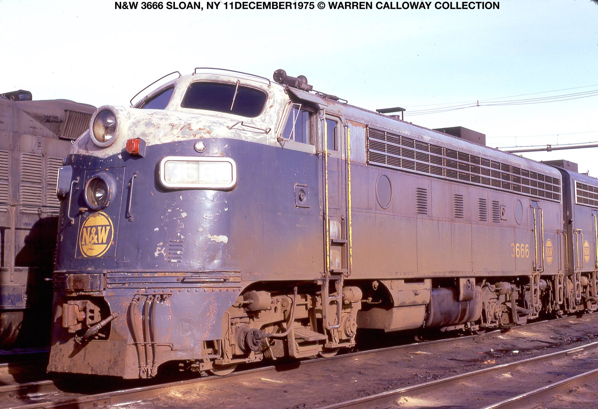 Norfolk and Western F7A No. 3666, former Wabash 1159-A, at Sloan, New York, on December 11, 1975