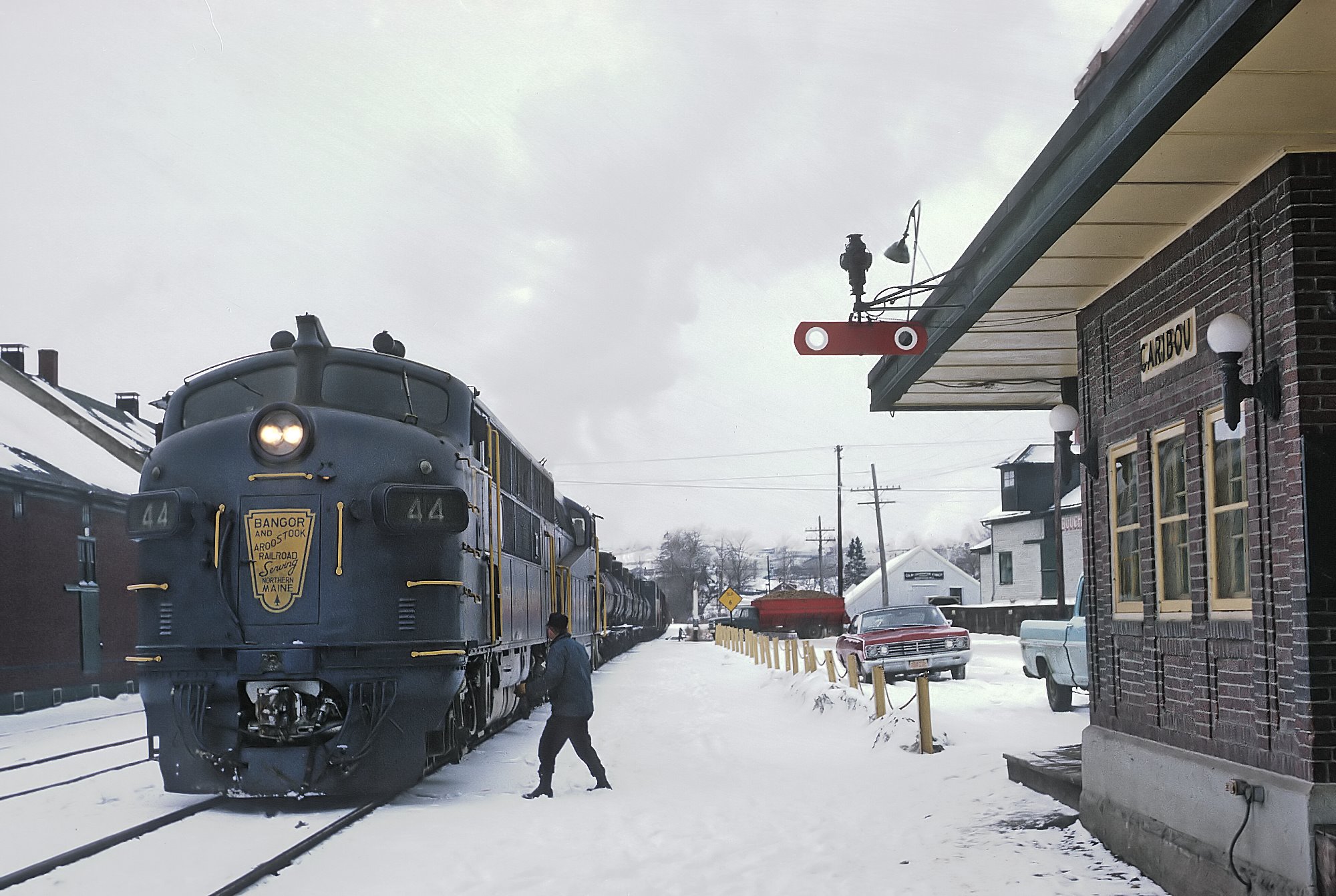 Bangor and Aroostook F3A 44 and a BL2 switching at Caribou Maine with train 57 February 6 1970