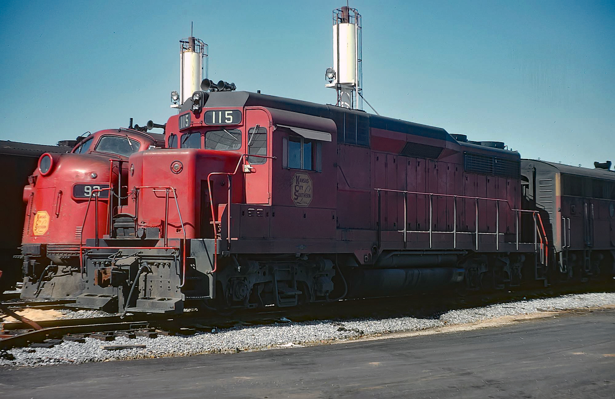 Kansas City Southern GP30 115 and F7A 93 at Shreveport, Louisiana, on March 9, 1969