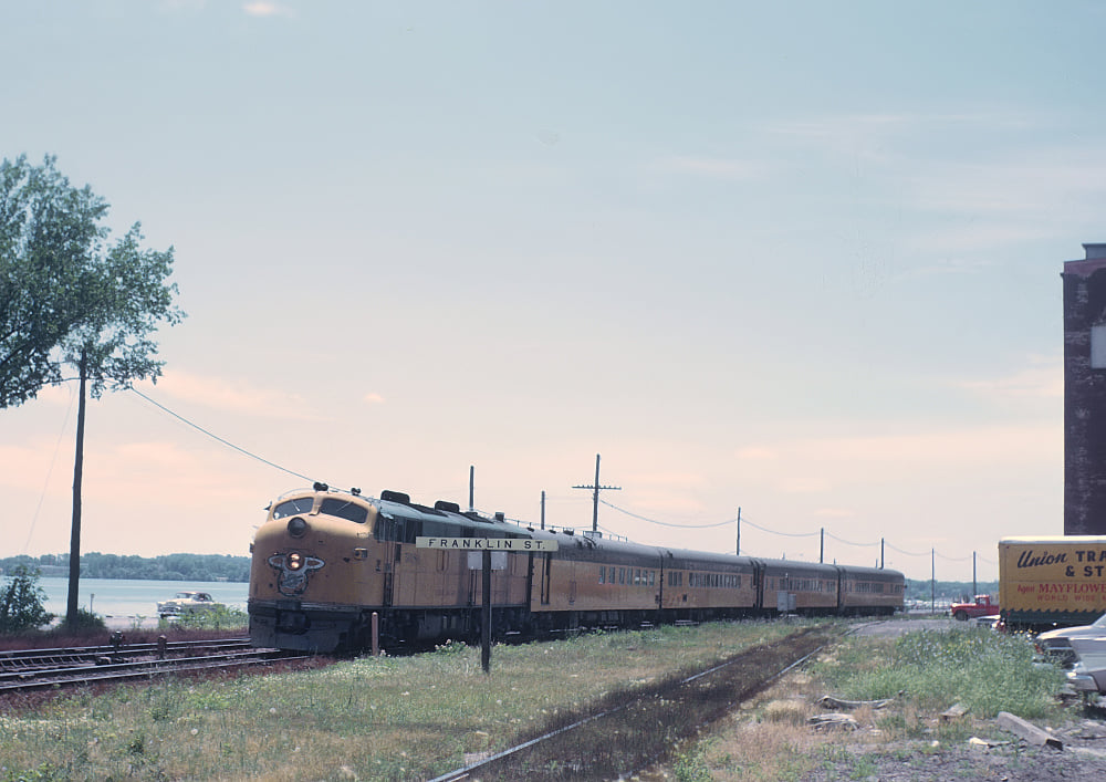 Chicago and North Western E7A 5018A with train 518 the Rochester 400 at Madison Wisconsin July 1963