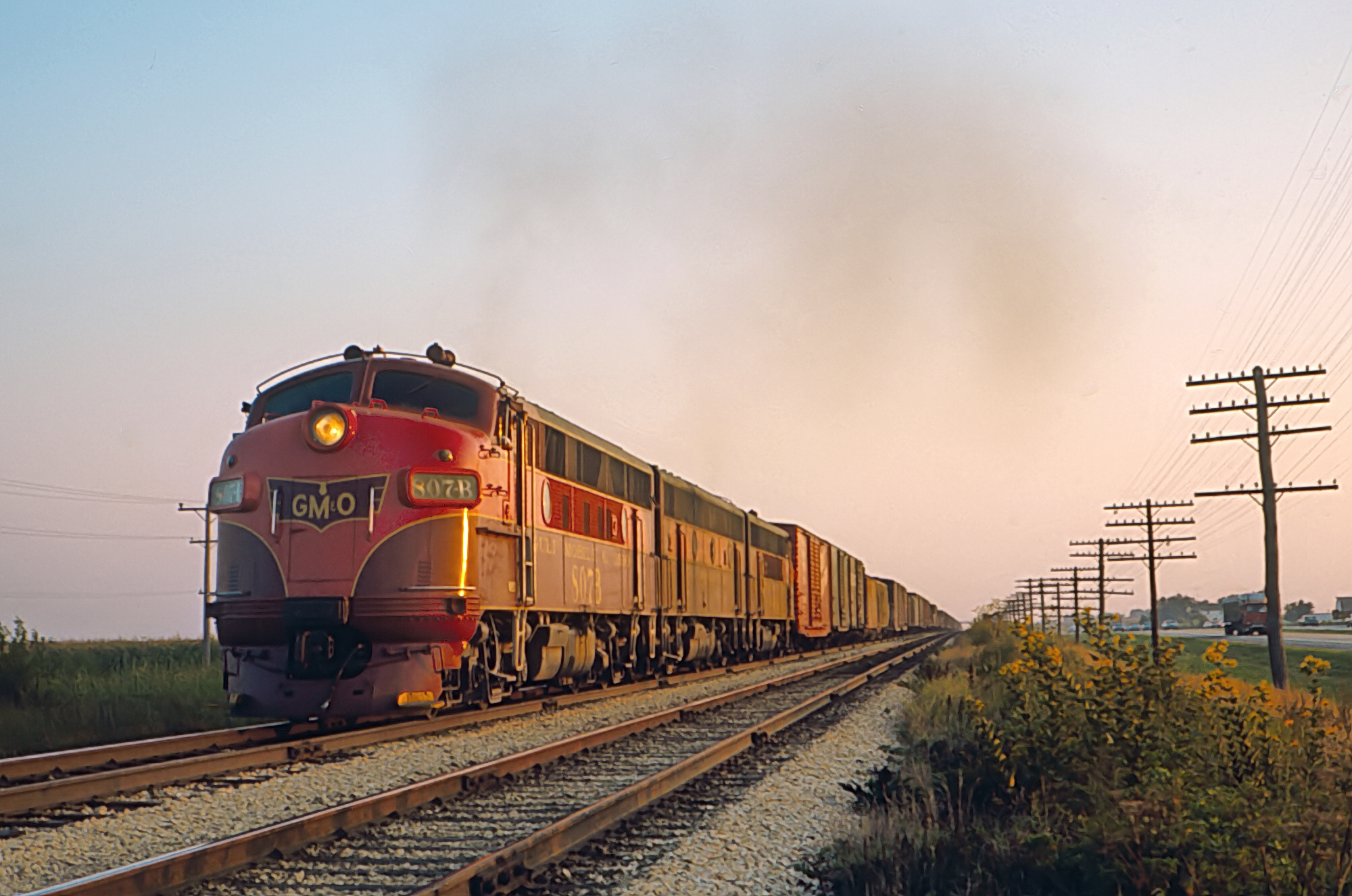 Gulf, Mobile and Ohio F3s led by 807-B near Odell, Illinois, on August 15, 1965