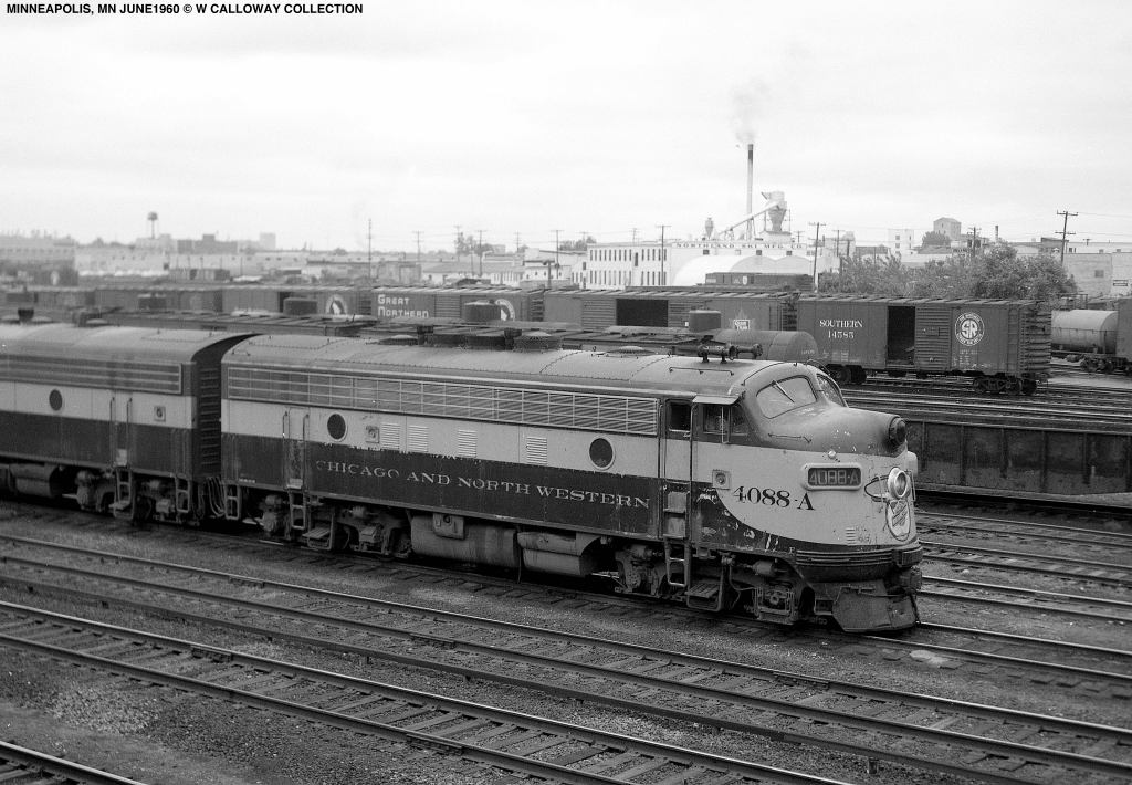 Chicago and North Western F7s led by 4088-A at East Minneapolis, June 1960