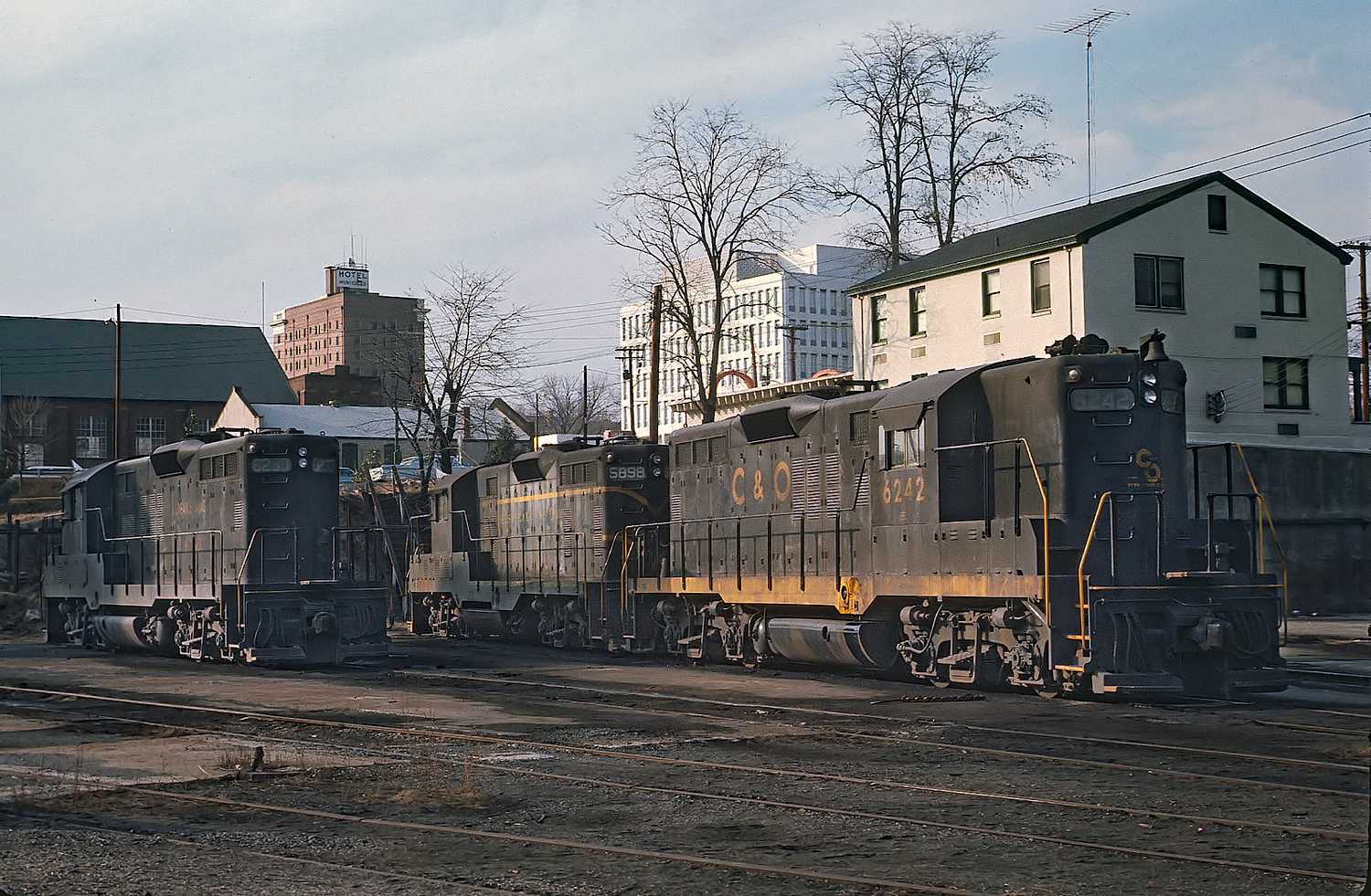 Trio of Chesapeake and Ohio GP9s at Charlottesville Virginia on the evening of March 8 1969