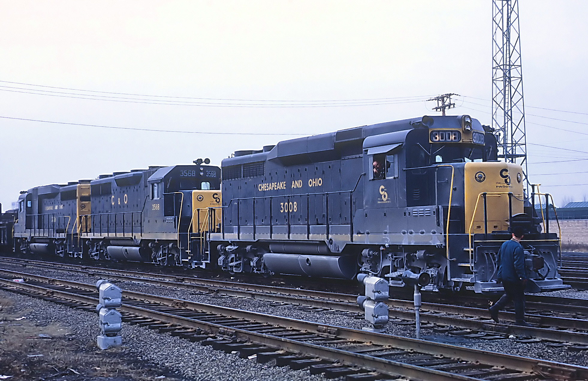 Chesapeake and Ohio GP30 3008 GP35 3568 and another GP30 at the east end of Rockwell Yard on the Belt Railway of Chicago January 1965