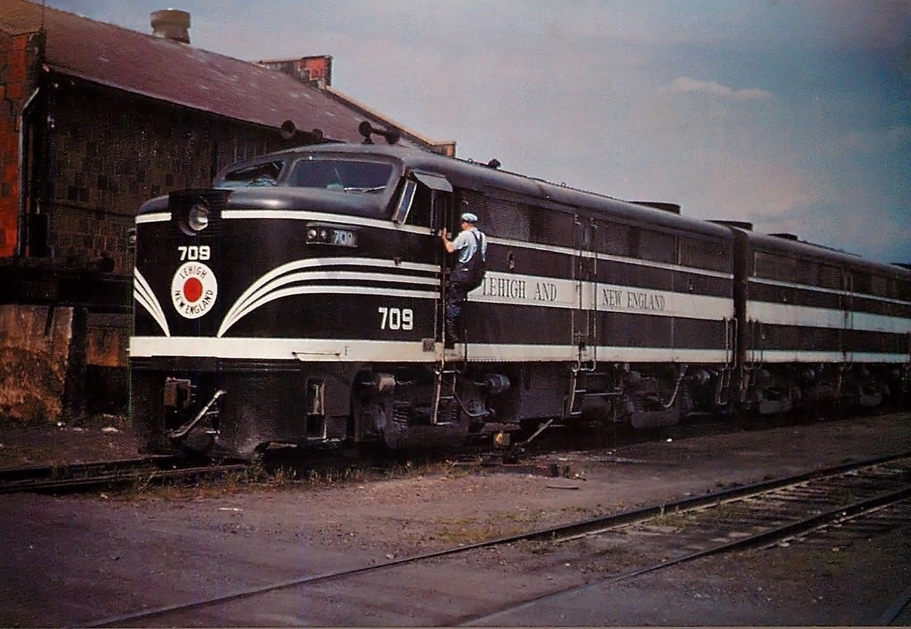 Lehigh and New England FA-1 709 leaving the engine house at Pen Argyl Pennsylvania August 22 1953 Joe Stark