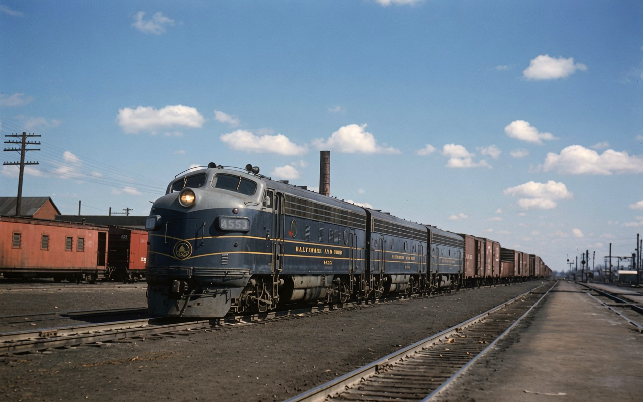 Baltimore and Ohio F7s led by 4553 westbound through Garrett Indiana March 1958
