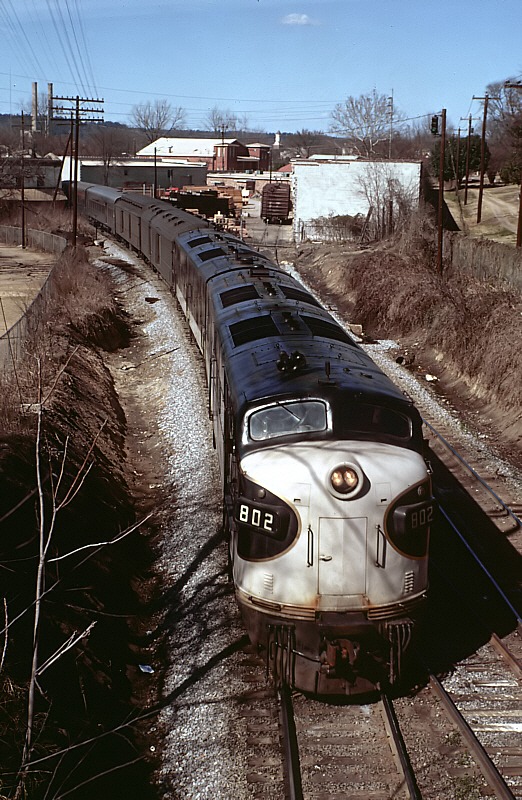 Central of Georgia E7A No. 802 with train 19, the Man o' War, at Columbus, Georgia, in February 1968