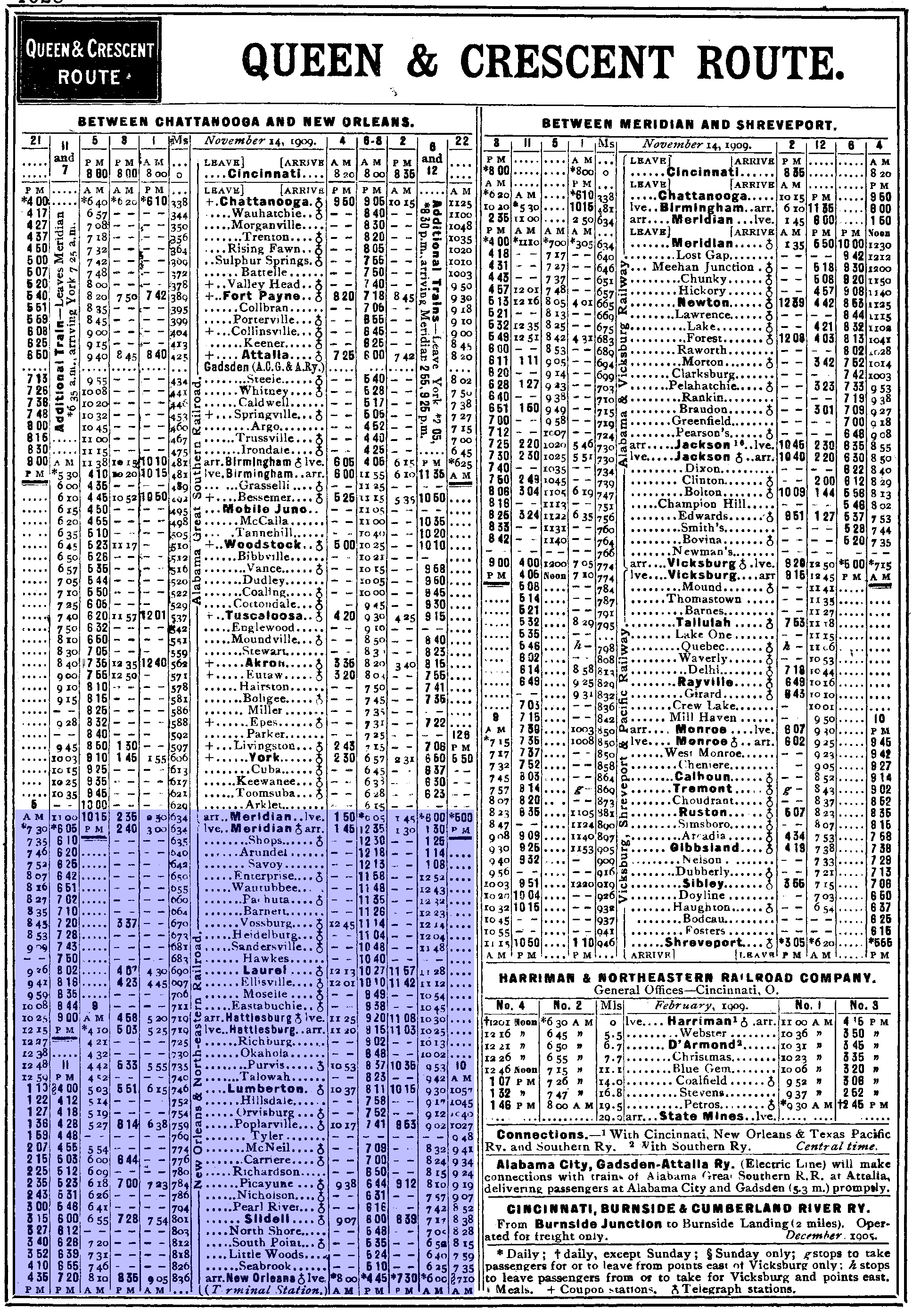 New Orleans and Northeastern Railroad public timetable 1910